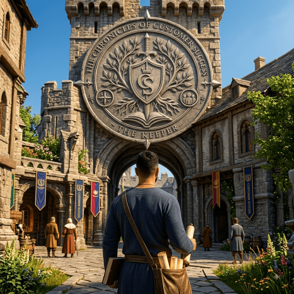 Marcus arriving at the gates of the Citadel of Keepers, satchel of scrolls at his side